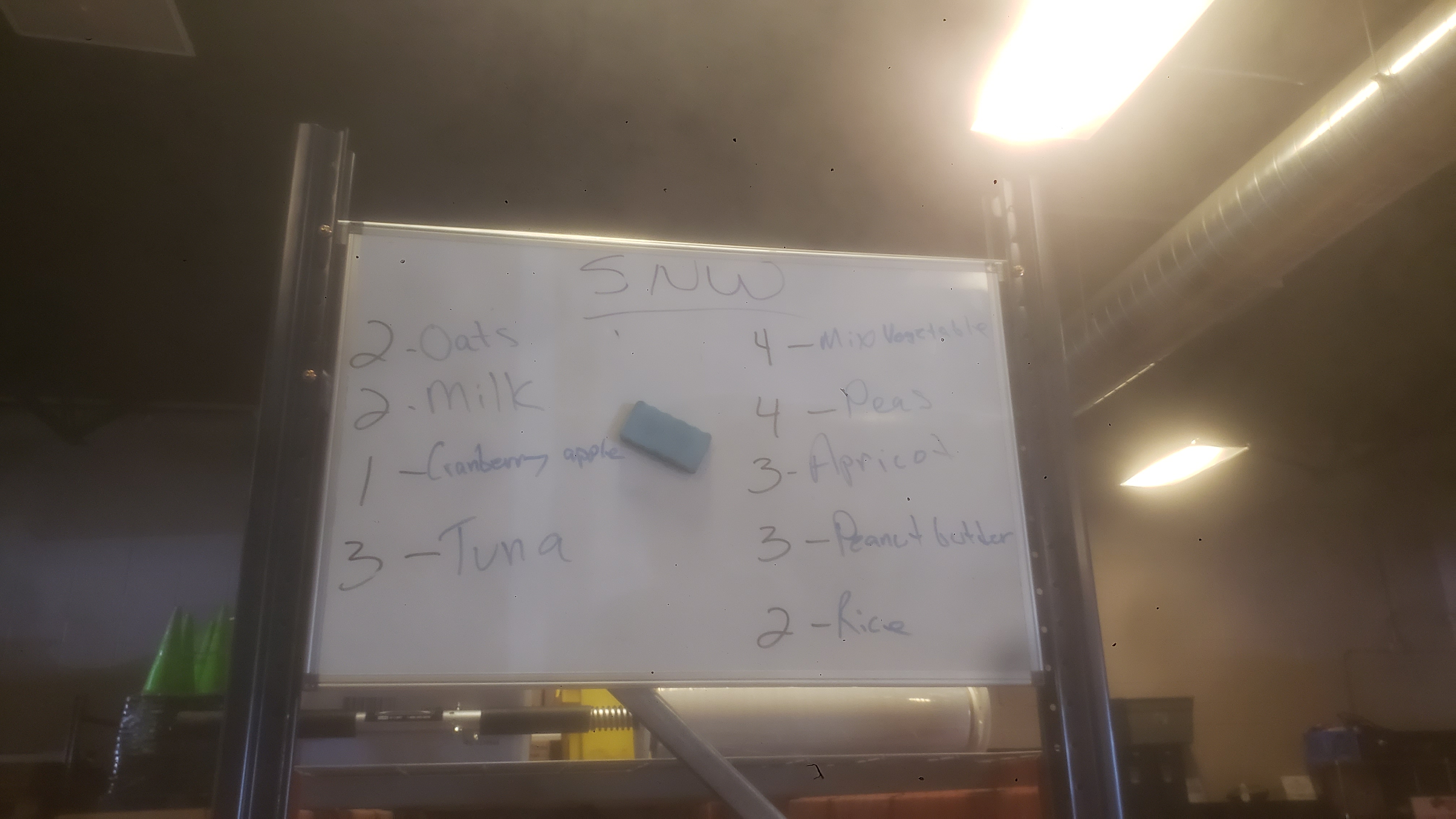 Dry erase board listing what goes in each box.